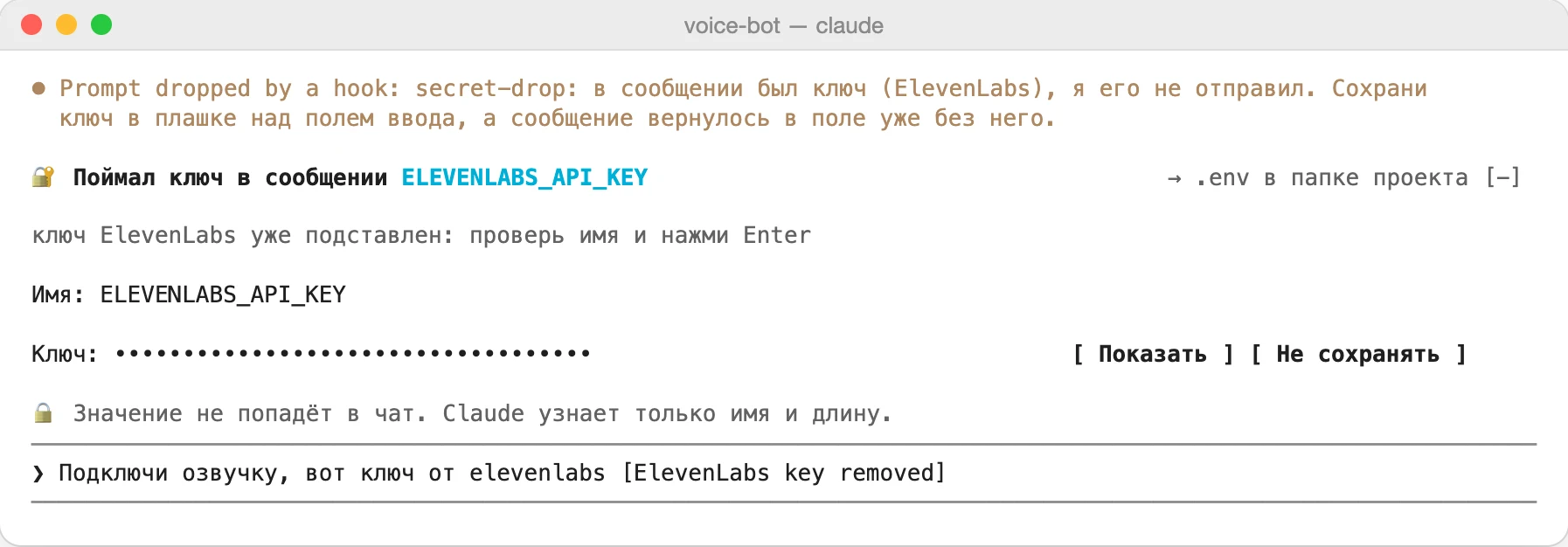 Ключ ElevenLabs в сообщении: мод его не отправил, а сразу открыл плашку с подставленным ключом и угаданным именем. Это версия для терминала, ключ на снимке тестовый.