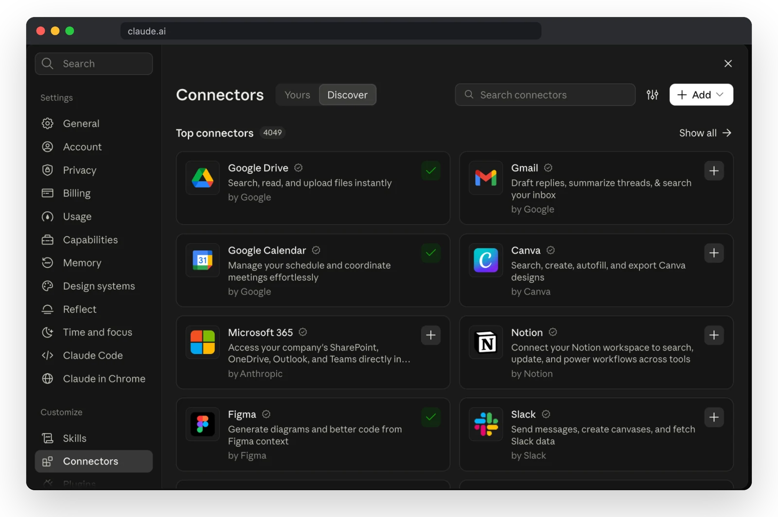 Коннекторы Claude собраны в настройках, раздел Customize, пункт Connectors. Галочка значит, что сервис уже подключён, плюс подключает новый.