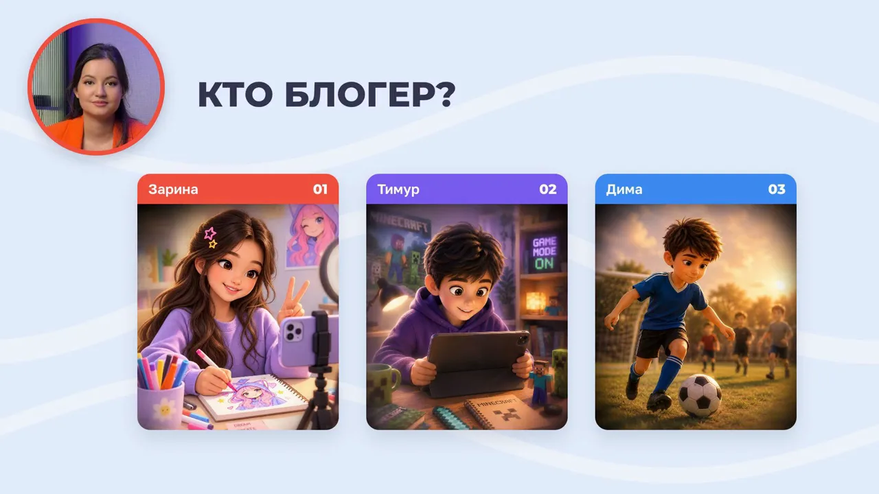Первый пилот на HyperFrames: тот же момент урока «Кто блогер?». Аккуратно, но плоско.