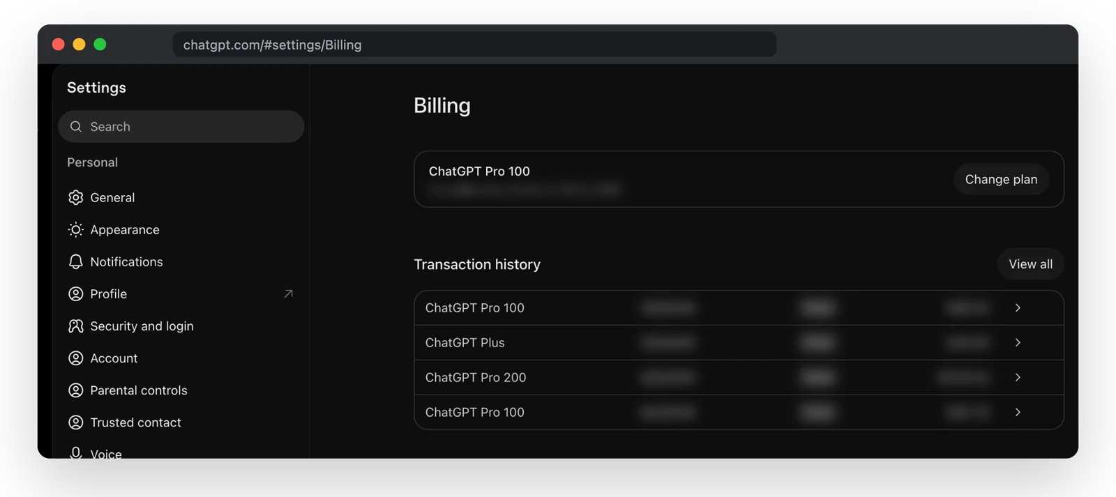 Настройки ChatGPT, раздел Billing: текущий тариф, кнопка Change plan для смены тарифа и история платежей. Суммы и даты на снимке скрыты.
