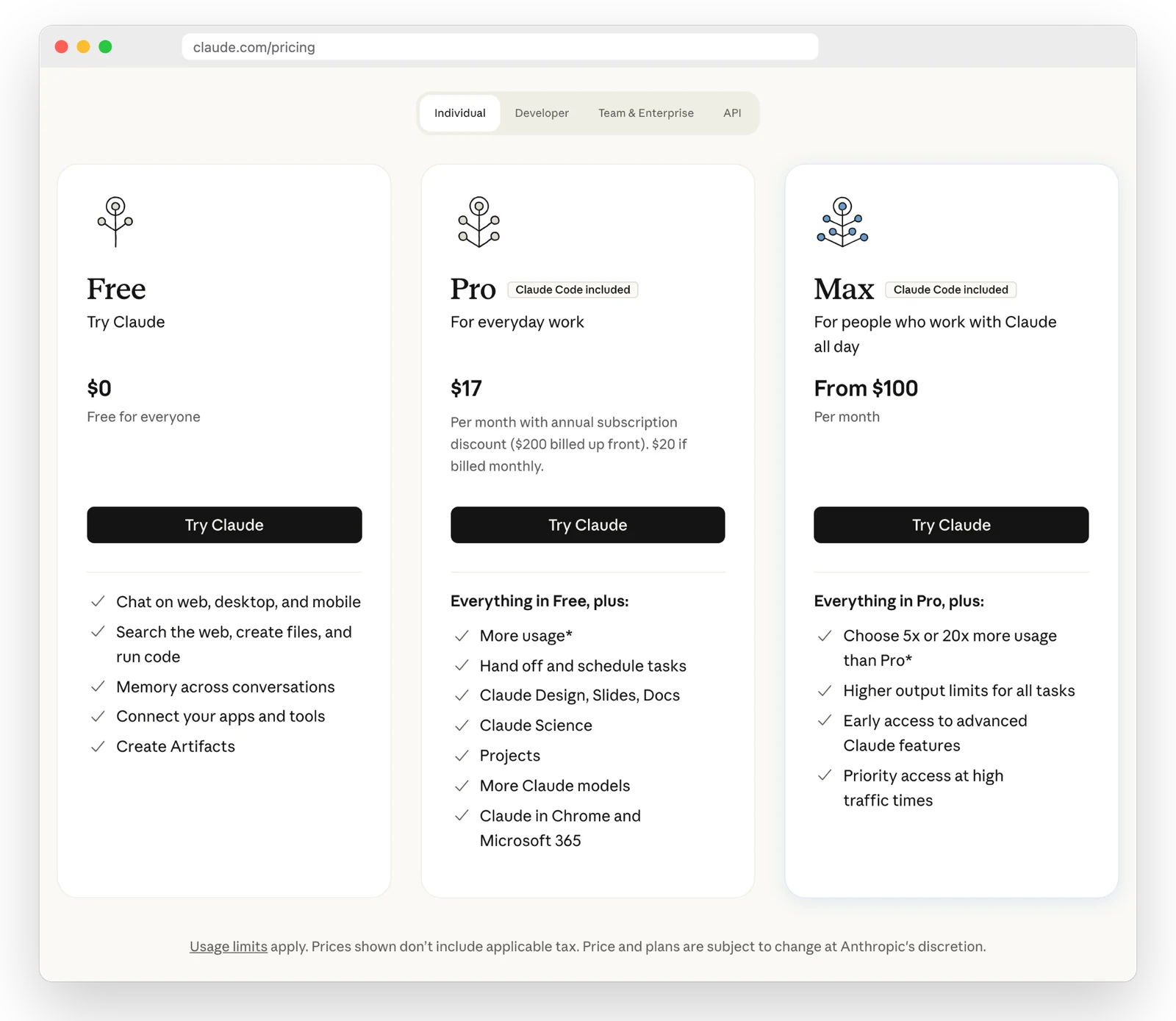 Страница тарифов claude.com/pricing на 3 октября 2026. Pro стоит $20 в месяц или $17 при оплате за год, Max от $100, Claude Code входит в оба платных тарифа. Налог в цены не включён.