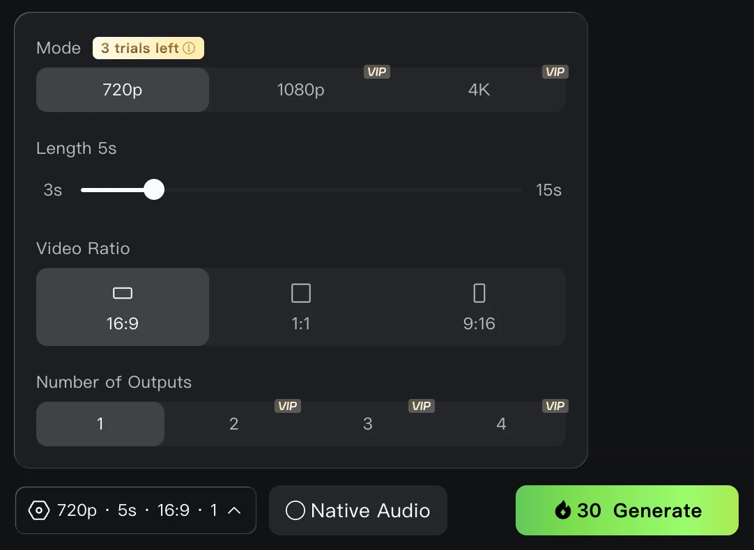 Настройки генерации в Kling 3.0: 720p, 5 секунд, звук Native Audio выключен. Цена видна прямо на кнопке Generate, здесь 30 кредитов, а 1080p и 4K помечены как VIP.