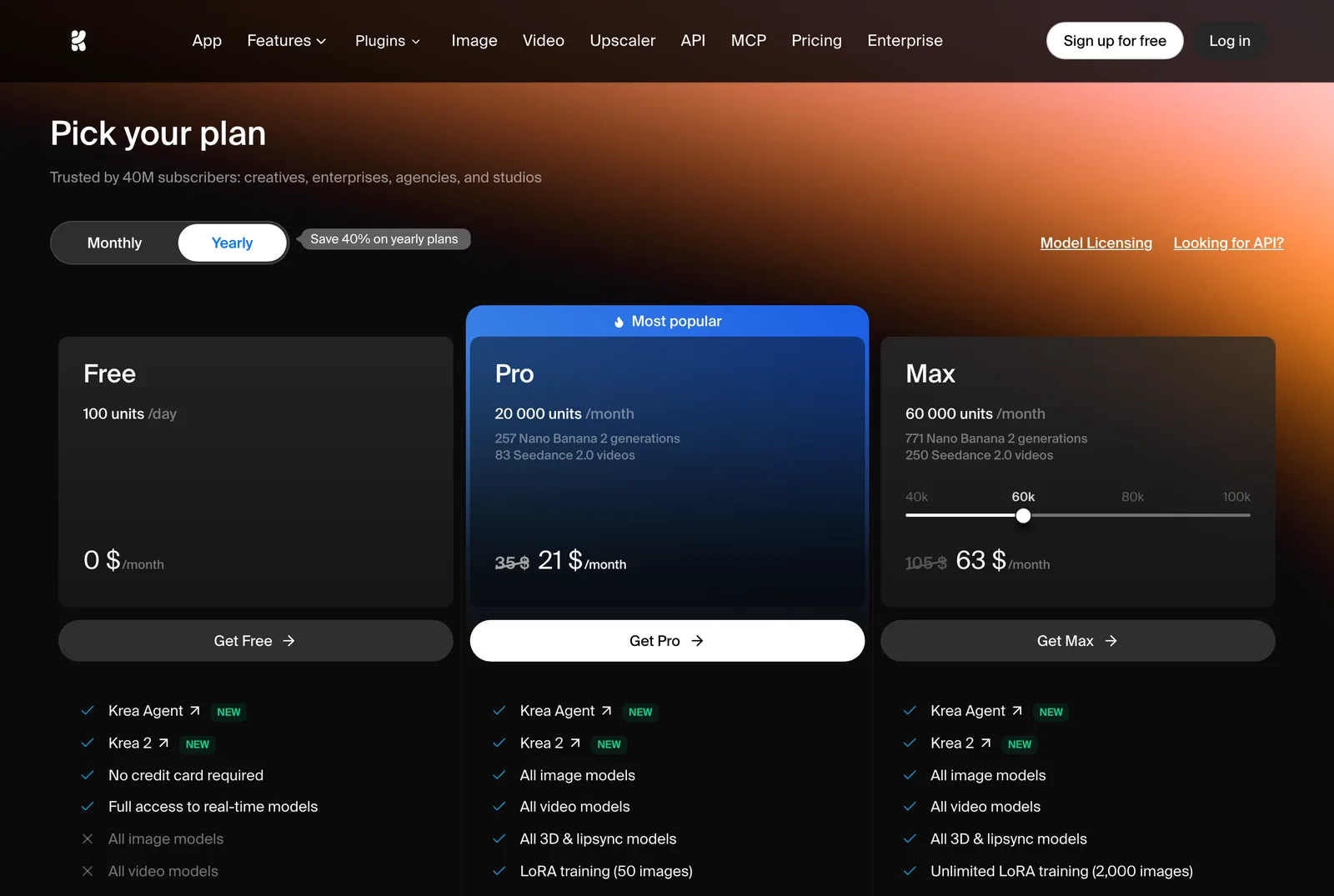 Тарифы Krea: Free со 100 единицами в день за 0 долларов, Pro 21 доллар и Max 63 доллара в месяц при оплате за год.