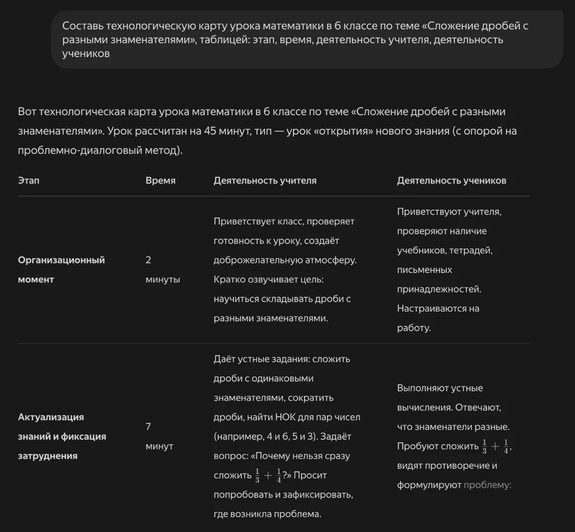 Алиса AI на запрос про техкарту урока математики в 6 классе отвечает таблицей: этап, время, деятельность учителя и учеников. На снимке первые два этапа, организационный момент и актуализация знаний. Время и задания всё равно сверьте со своей программой.