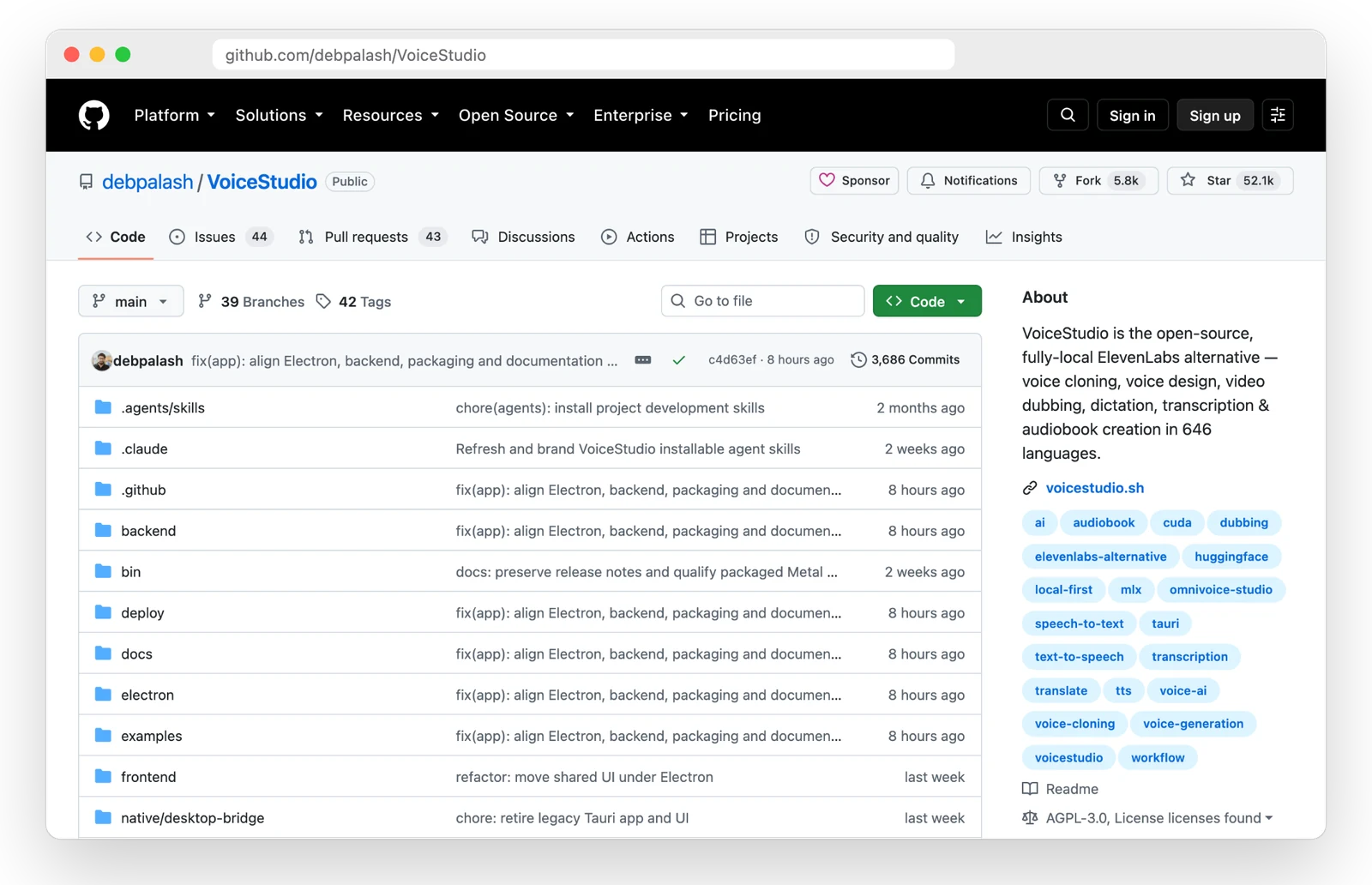 Страница VoiceStudio на GitHub. Авторы прямо называют программу локальной альтернативой ElevenLabs, лицензия AGPL 3.0, скачать её можно с сайта voicestudio.sh.