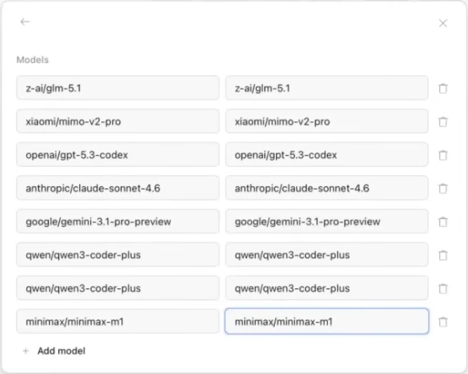 Список моделей в настройках OpenCode: GLM 5.1, MiMo V2 Pro, GPT-5.3 Codex, Claude Sonnet 4.6, Gemini 3.1 Pro (в итоговый тест она не вошла), Qwen3 Coder Plus и MiniMax. Grok и Kwaipilot на этом кадре не видны. Поле слева задаёт имя модели у провайдера, поле справа показываемое имя.